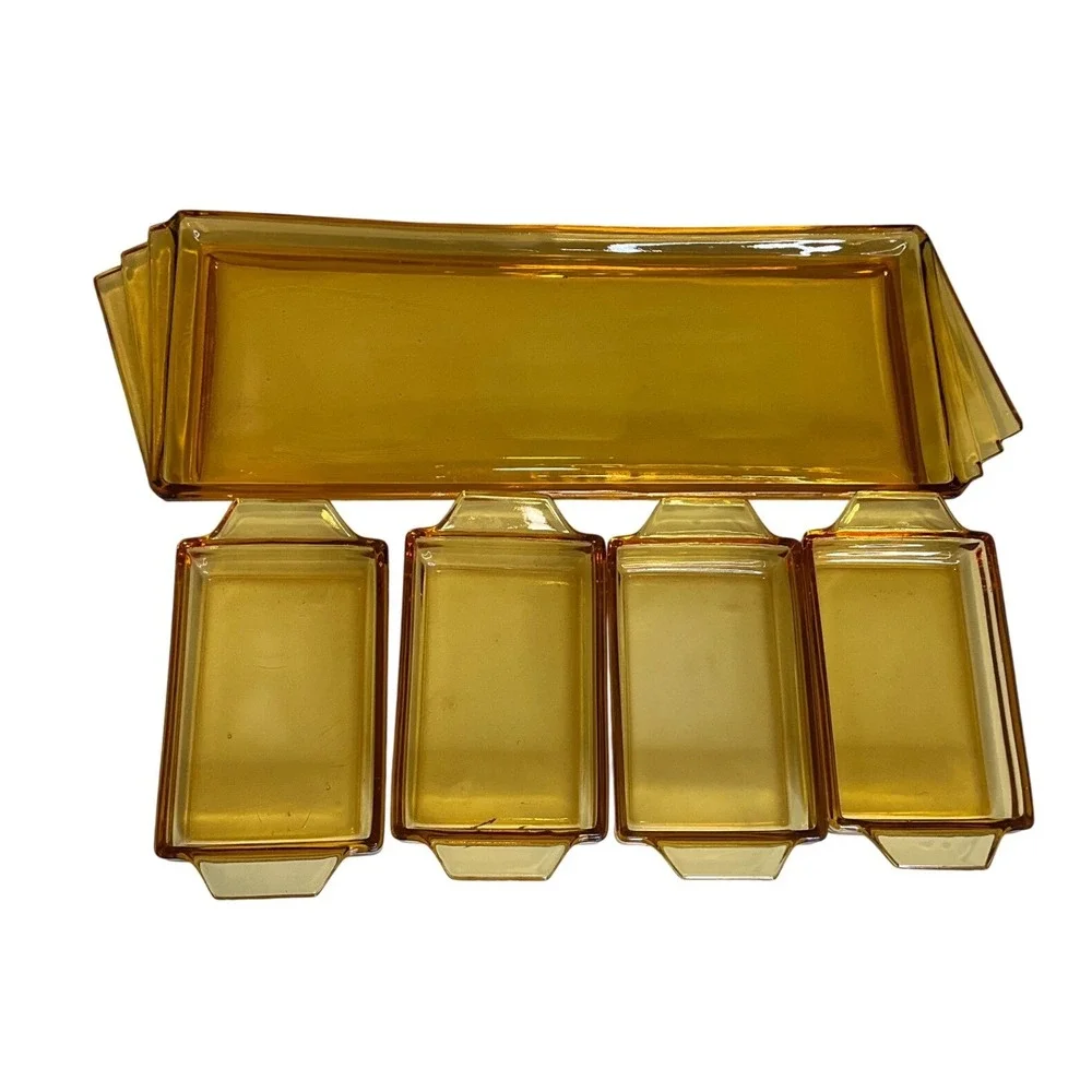 Antique Vintage Czech Art Deco Amber Glass 5-Piece Vanity Set Serving Tray MCM